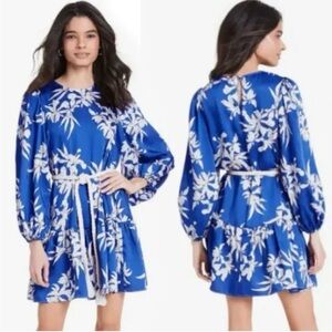 Blue Floral Long Sleeve Sundress for Wedding Guests